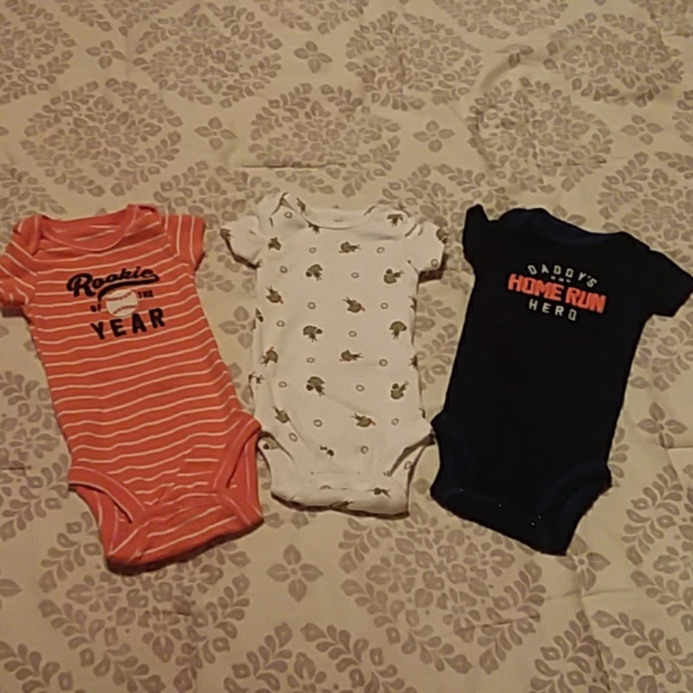 Three baseball theme onesies